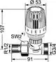 Rücklauftemperaturbegrenzer mit Außengewinde, dargestellt in technischem Diagramm, Maße und Anschlussarten sind schematisch abgebildet. Produkt von IMI Hydronic Engineering.